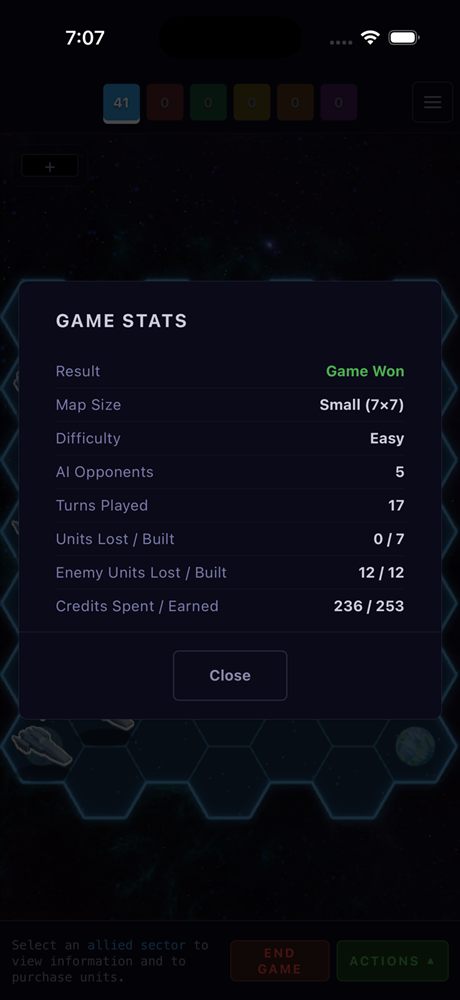 End-of-game stats screen showing a win